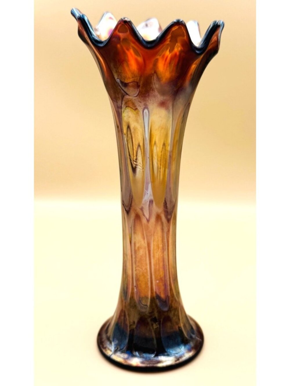 Vintage Fenton Carnival Glass Vase Long Thumbprint Swung Shape Art 9.5"